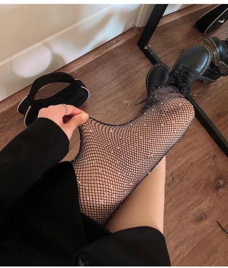 Black rhinestone fishnet stockings Starry Sky Rhinestone Fishnet Stockings Black Silk Stockings with Rhinestones Thin Mesh Pantyhose for Women