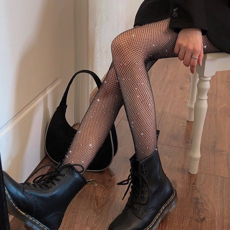 Black rhinestone fishnet stockings Starry Sky Rhinestone Fishnet Stockings Black Silk Stockings with Rhinestones Thin Mesh Pantyhose for Women
